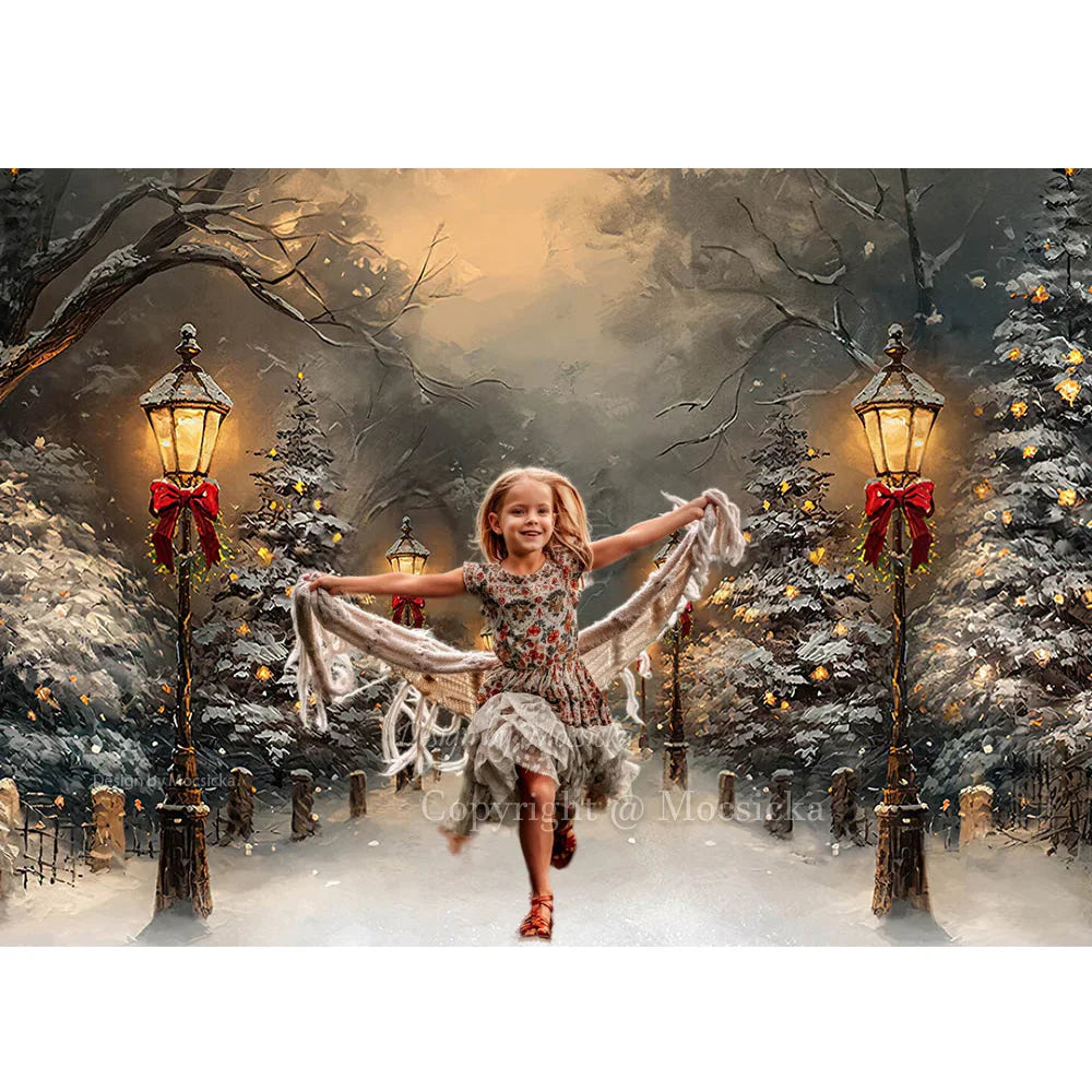 Winter Christmas 3D Background Photography House Street Lantern Xmas Tree Forest Backdrop Kids Family New Year's Eve Art Photo