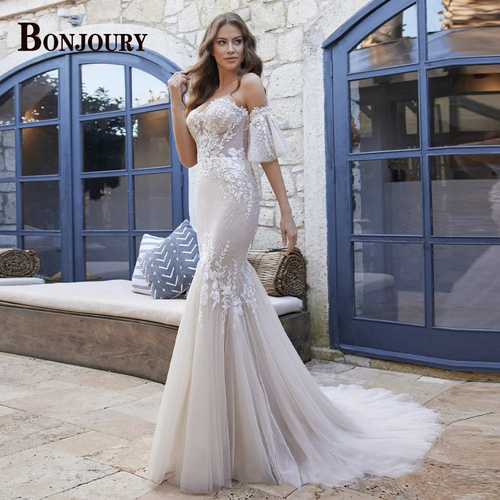 BONJOURY V-neck Satin Wedding Dress with Pockets & Chapel Train for Confident Brides