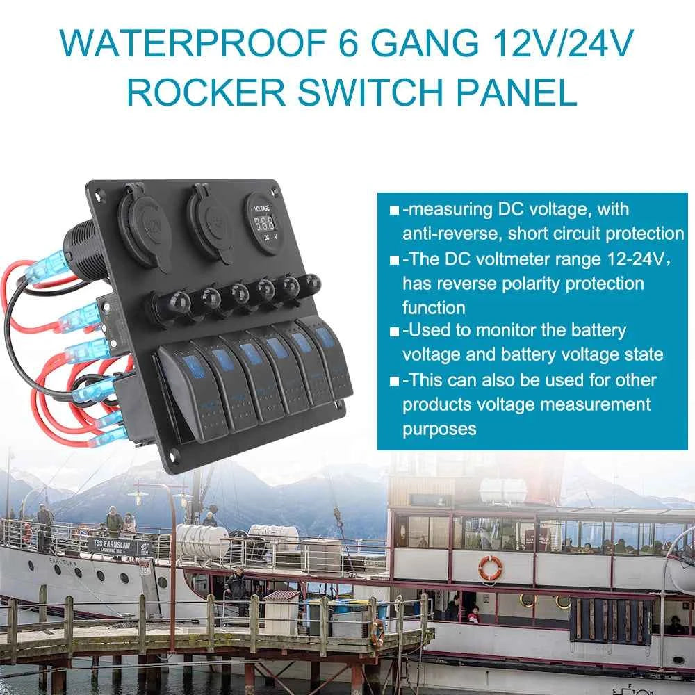 12V 24V 6 Buttons Car Switch Panel 15A Fuse Marine Circuit Breaker Voltmeter Tester Light Toggle USB Chargers 3.0 Auto Splitter