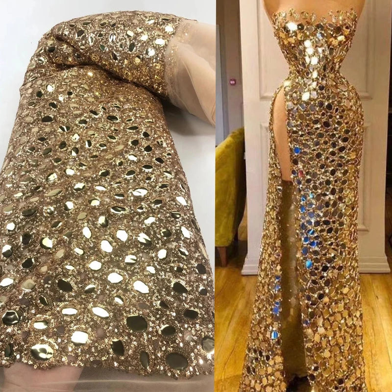 Elegant Couture Gold African Lace Fabric - Stunning Sequins & Embroidery - 5 Yards for Wedding Dresses