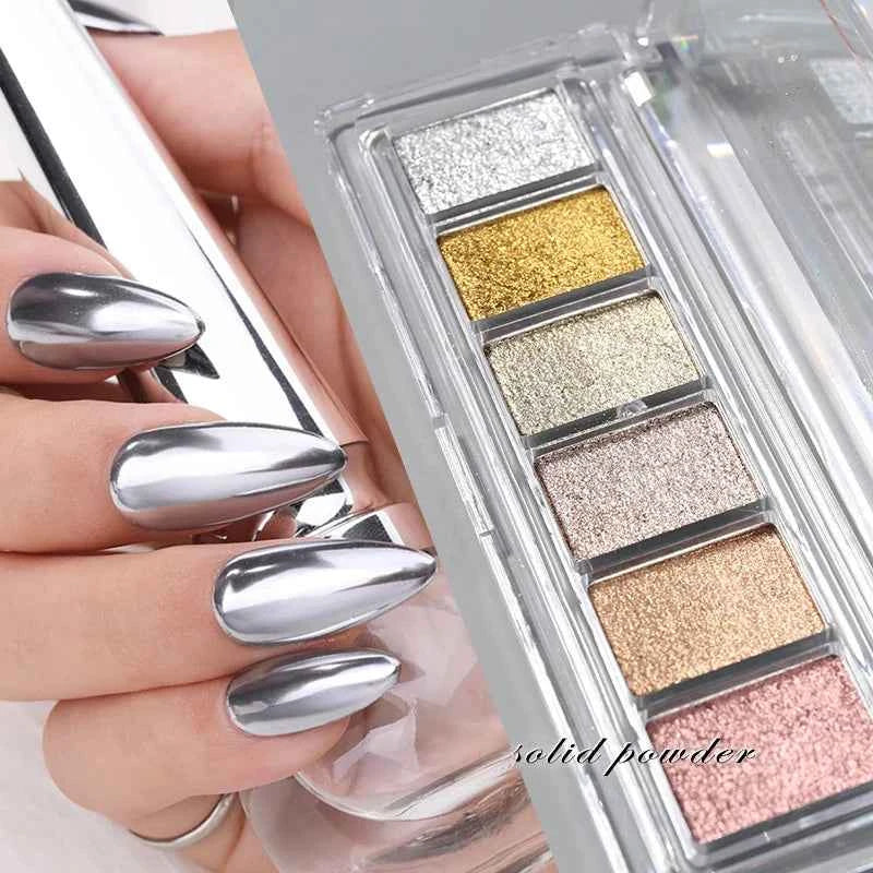Gold & Silver Mirror Powder - 6 Vibrant Metallic Nail Art Glitters for Stunning Manicures