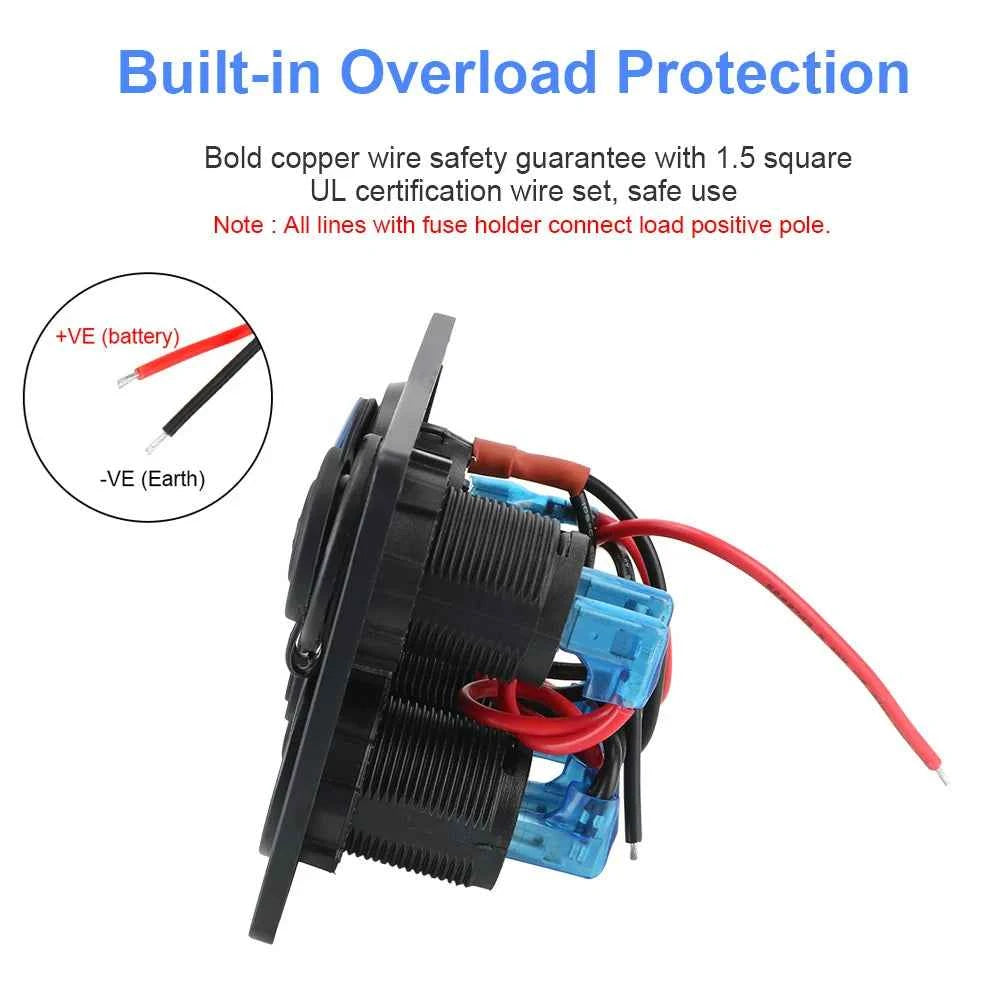 12V 24V 6 Buttons Car Switch Panel 15A Fuse Marine Circuit Breaker Voltmeter Tester Light Toggle USB Chargers 3.0 Auto Splitter