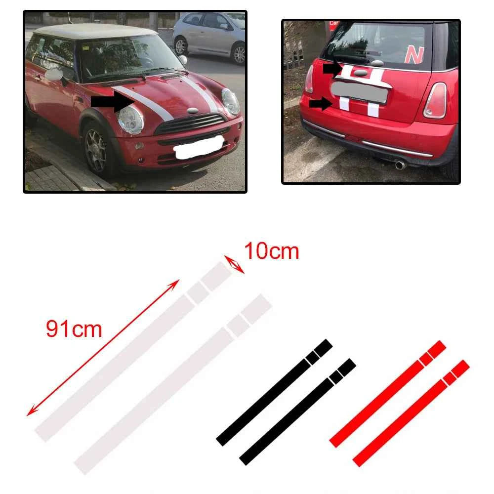 MINI Cooper Hood Stripes - 2Pcs Black, White & Red Vinyl Decals for R50, R53, R56, R55