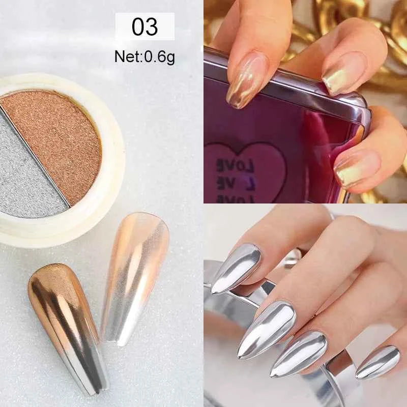 Gold & Silver Mirror Powder - 6 Vibrant Metallic Nail Art Glitters for Stunning Manicures