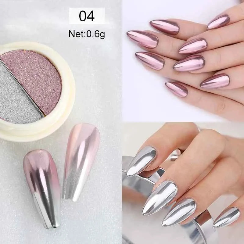 Gold & Silver Mirror Powder - 6 Vibrant Metallic Nail Art Glitters for Stunning Manicures