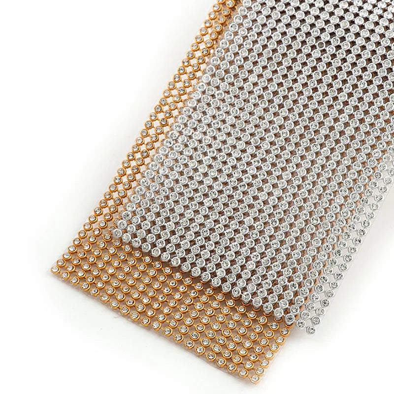 1 Pc 3mm Glass Rhinestone+Gold/Silver Aluminum Rhinestone Mesh Trim ABS Plastic HotFix For DIY Wedding Dress Jewelry