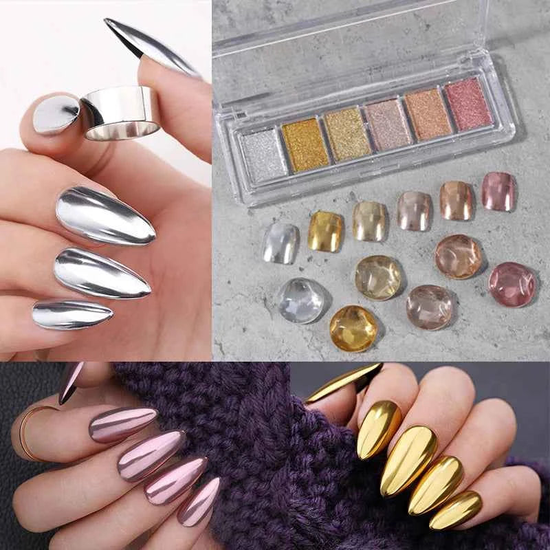 Gold & Silver Mirror Powder - 6 Vibrant Metallic Nail Art Glitters for Stunning Manicures