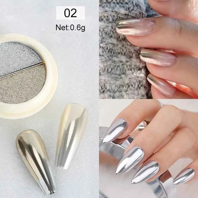 Gold & Silver Mirror Powder - 6 Vibrant Metallic Nail Art Glitters for Stunning Manicures