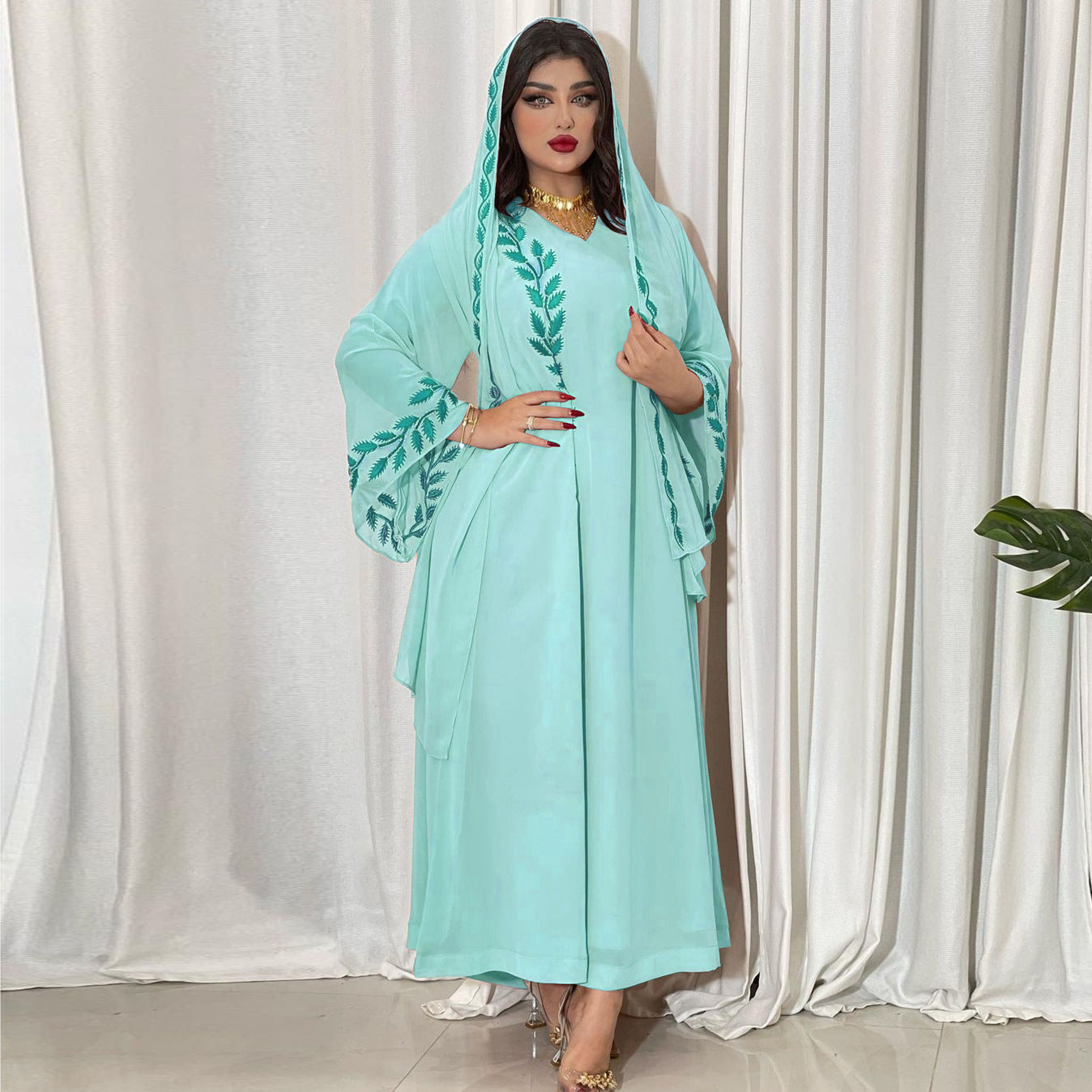 Women's Embroidery Abaya with Scarf – 2-Piece Muslim Dress Set