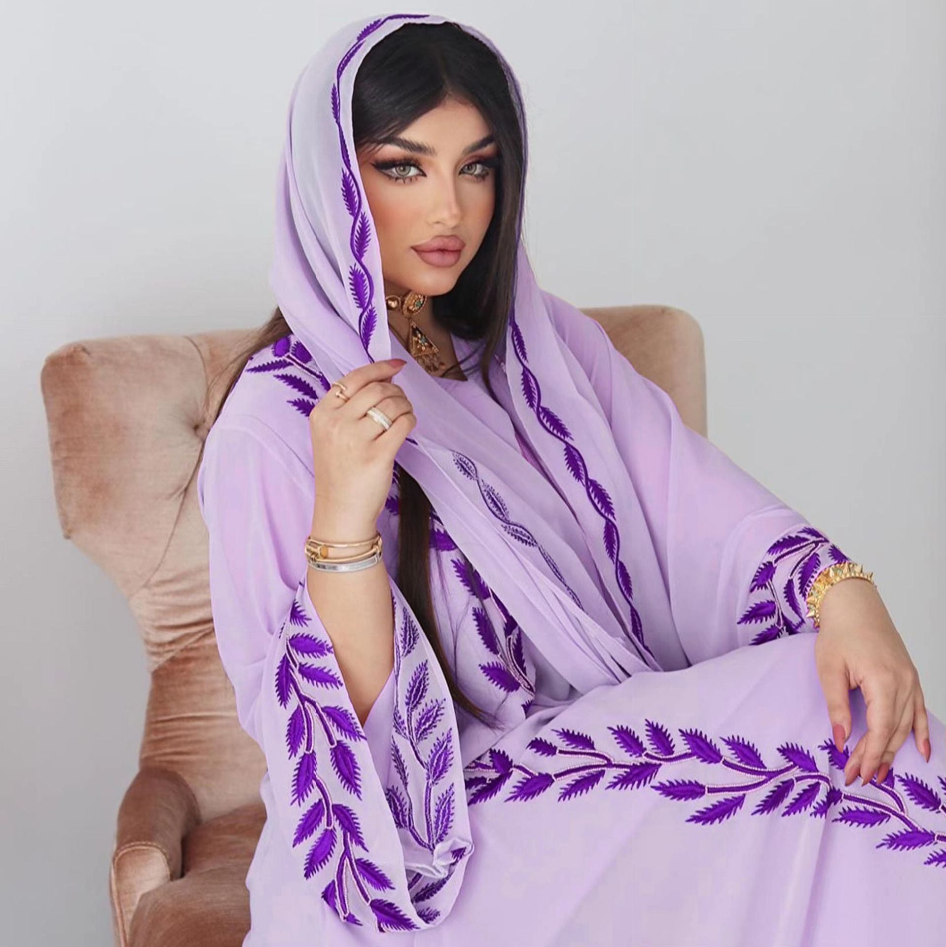Women's Embroidery Abaya with Scarf – 2-Piece Muslim Dress Set