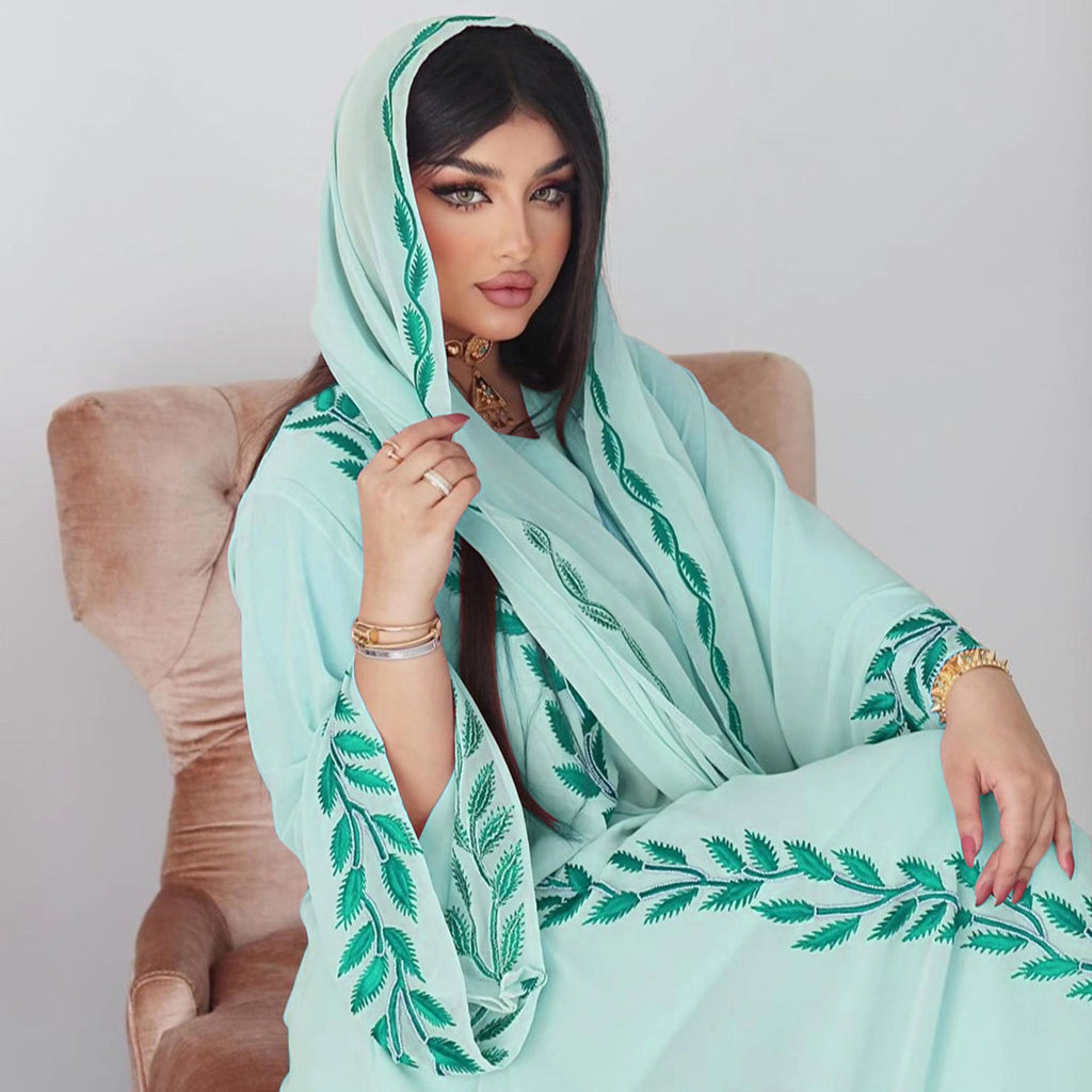 Women's Embroidery Abaya with Scarf – 2-Piece Muslim Dress Set