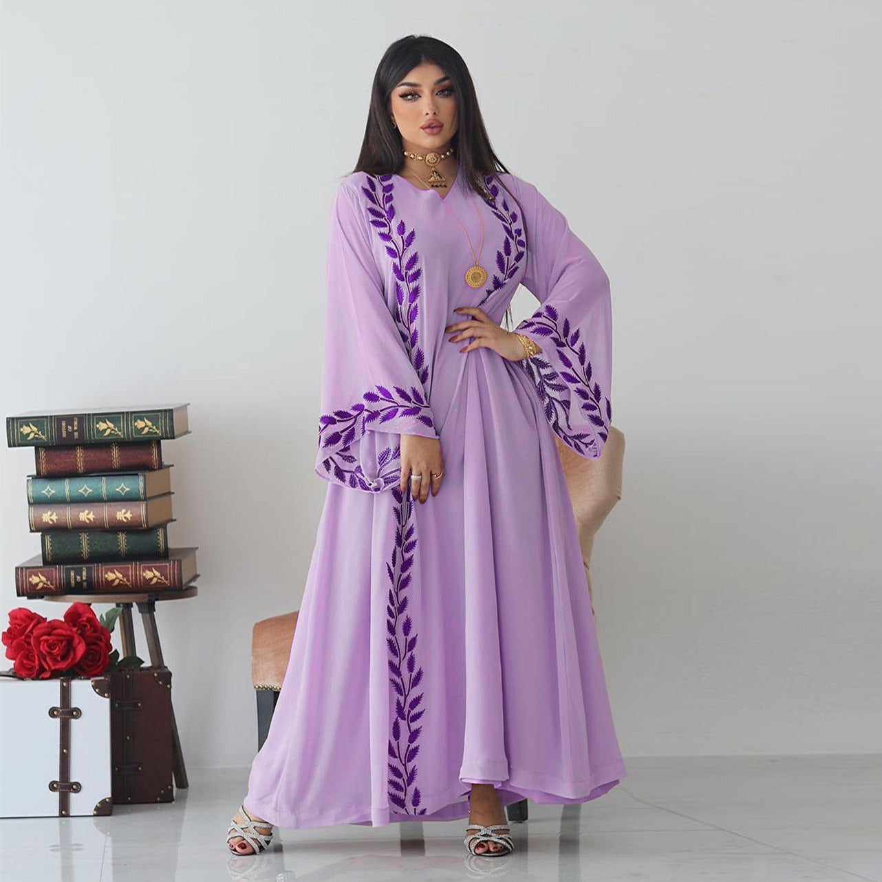 Women's Embroidery Abaya with Scarf – 2-Piece Muslim Dress Set