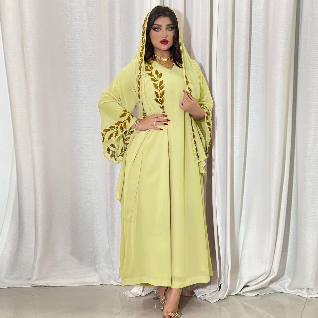 Women's Embroidery Abaya with Scarf – 2-Piece Muslim Dress Set