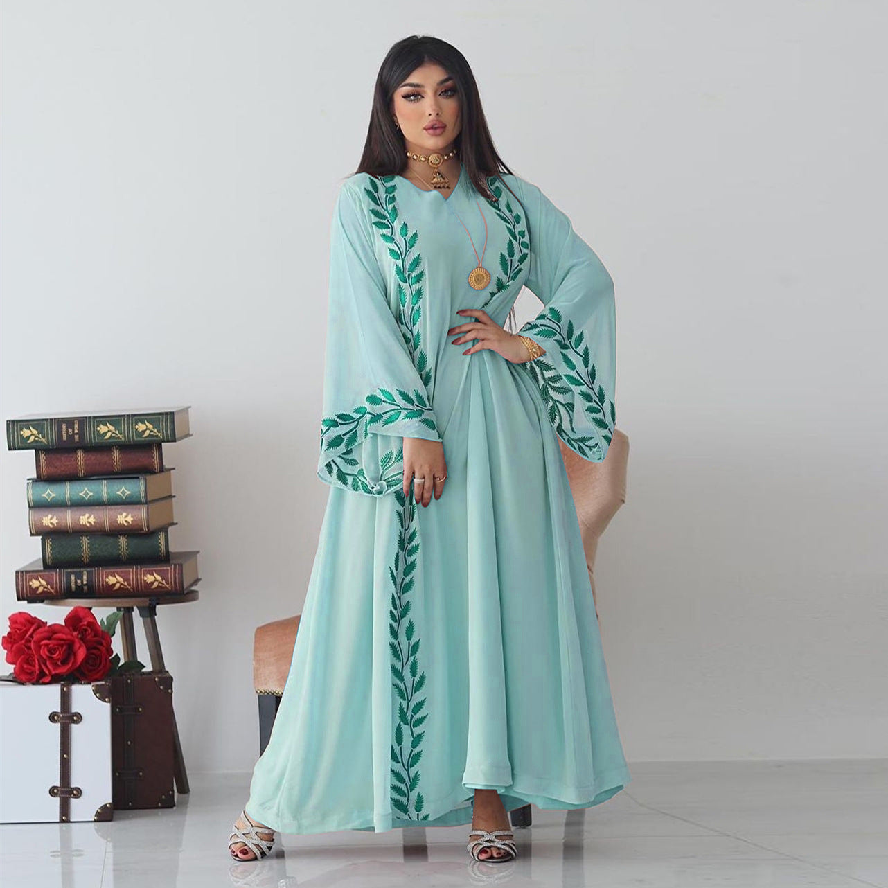 Women's Embroidery Abaya with Scarf – 2-Piece Muslim Dress Set