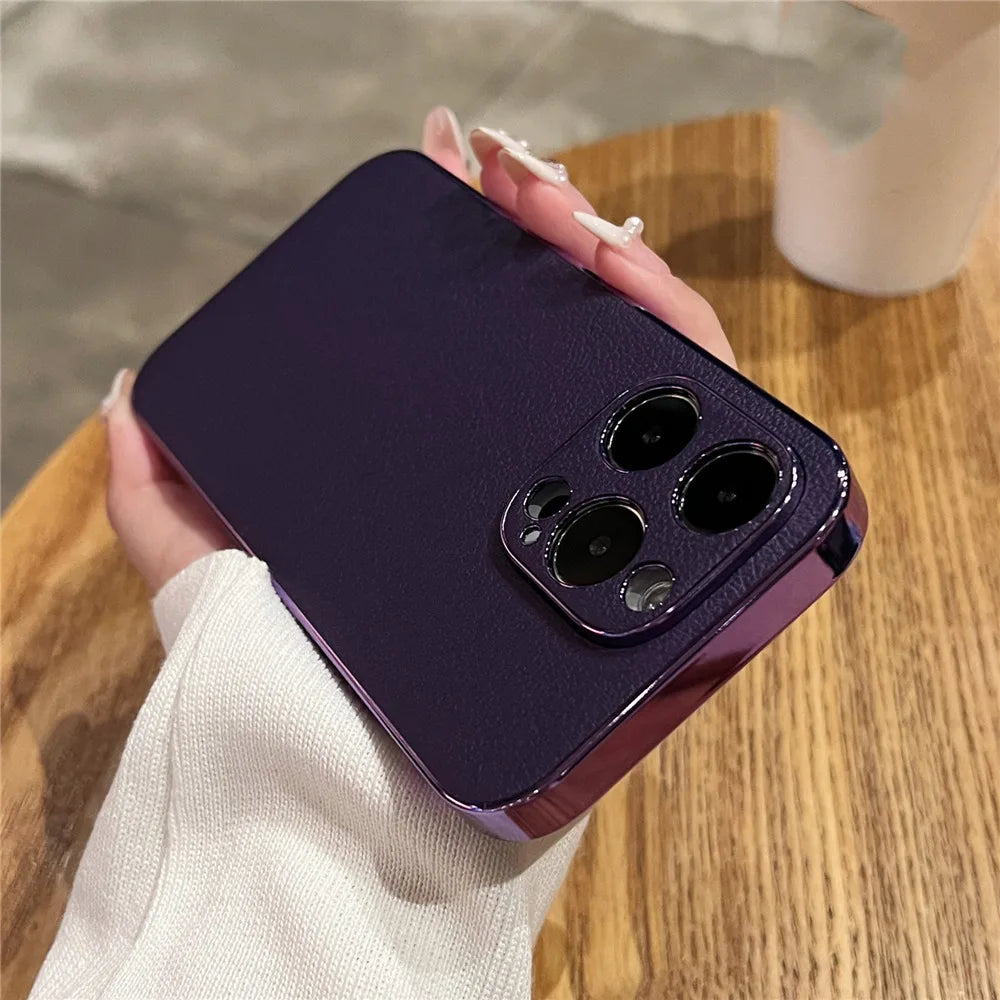 LuxeGuard Retro Lambskin Leather iPhone Case - Shockproof Bumper with Lens Protection for All Models 11-17