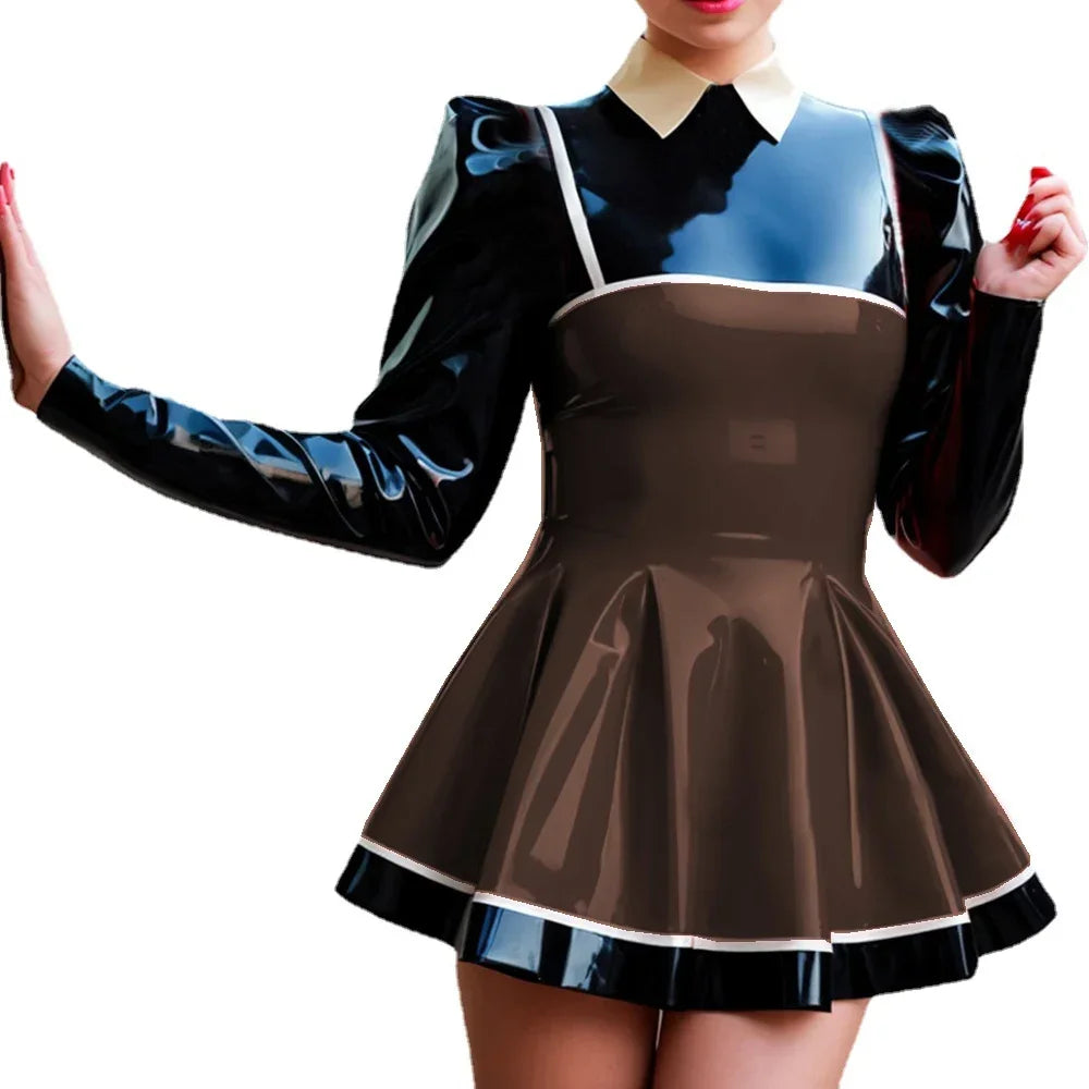 Curvy Couture Plus Size A-Line Patchwork Mini Dress - Long Puff Sleeves, PVC Leather for Night Out Style