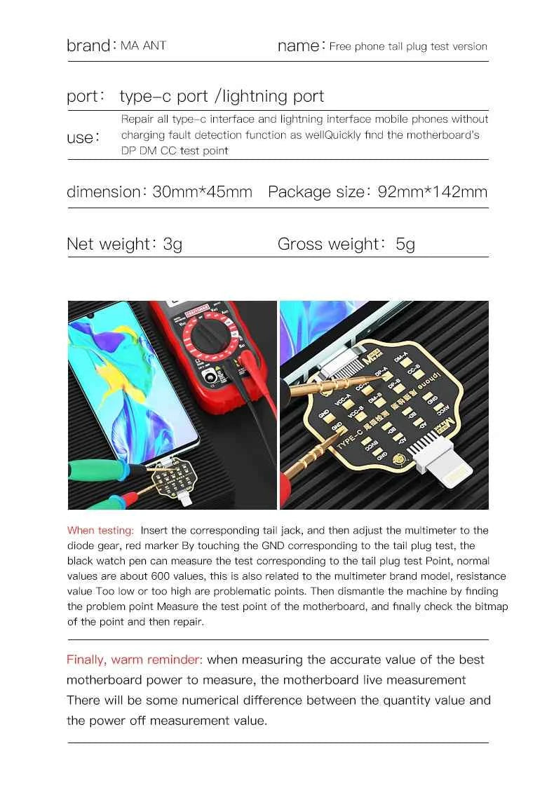 Mechanic T824 Type-C & Lightning Tail Insertion Tester for iPhone, iPad & Android - Fast, Accurate Connectivity Check