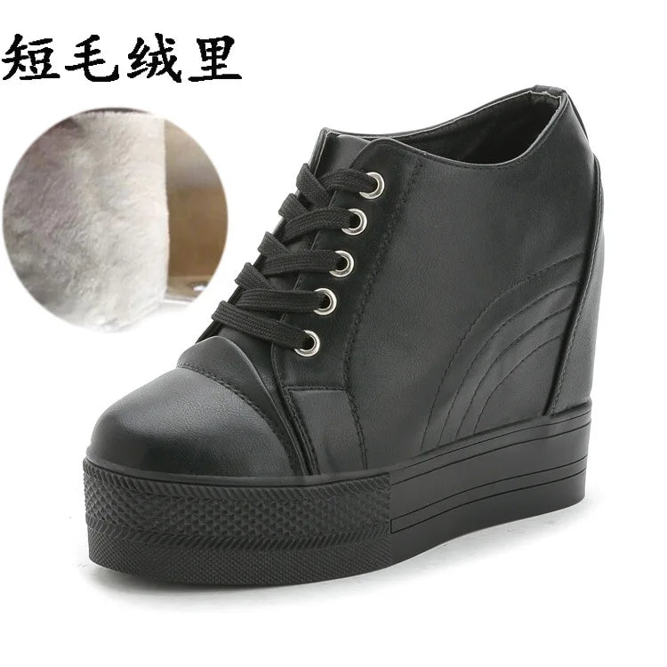 High Top Women's Casual Shoes Leather Casual Sneaker Hidden Increased Ladies Ankle Boots New Plush Woman Platform Boots Botines