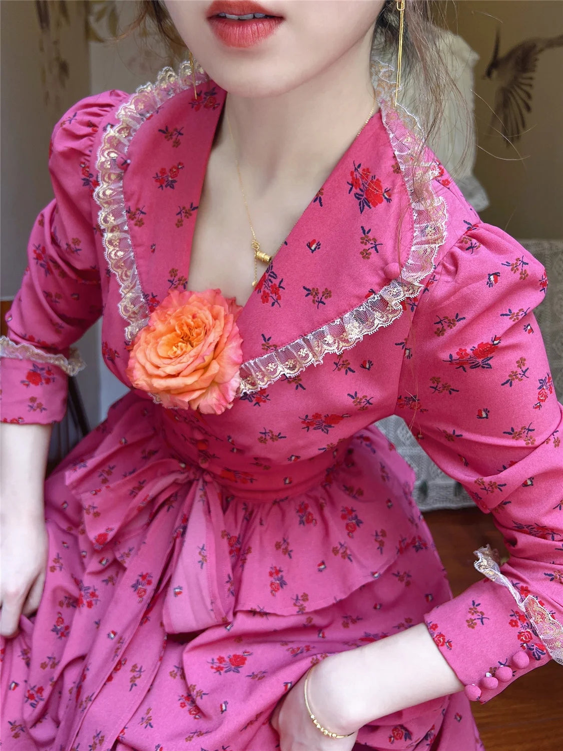 Rose Red Flower Autumn Long Sleeve French Vintage Dress V-neck Waist Cinched Slimming Ruffle Large Swing Long Dress for Women