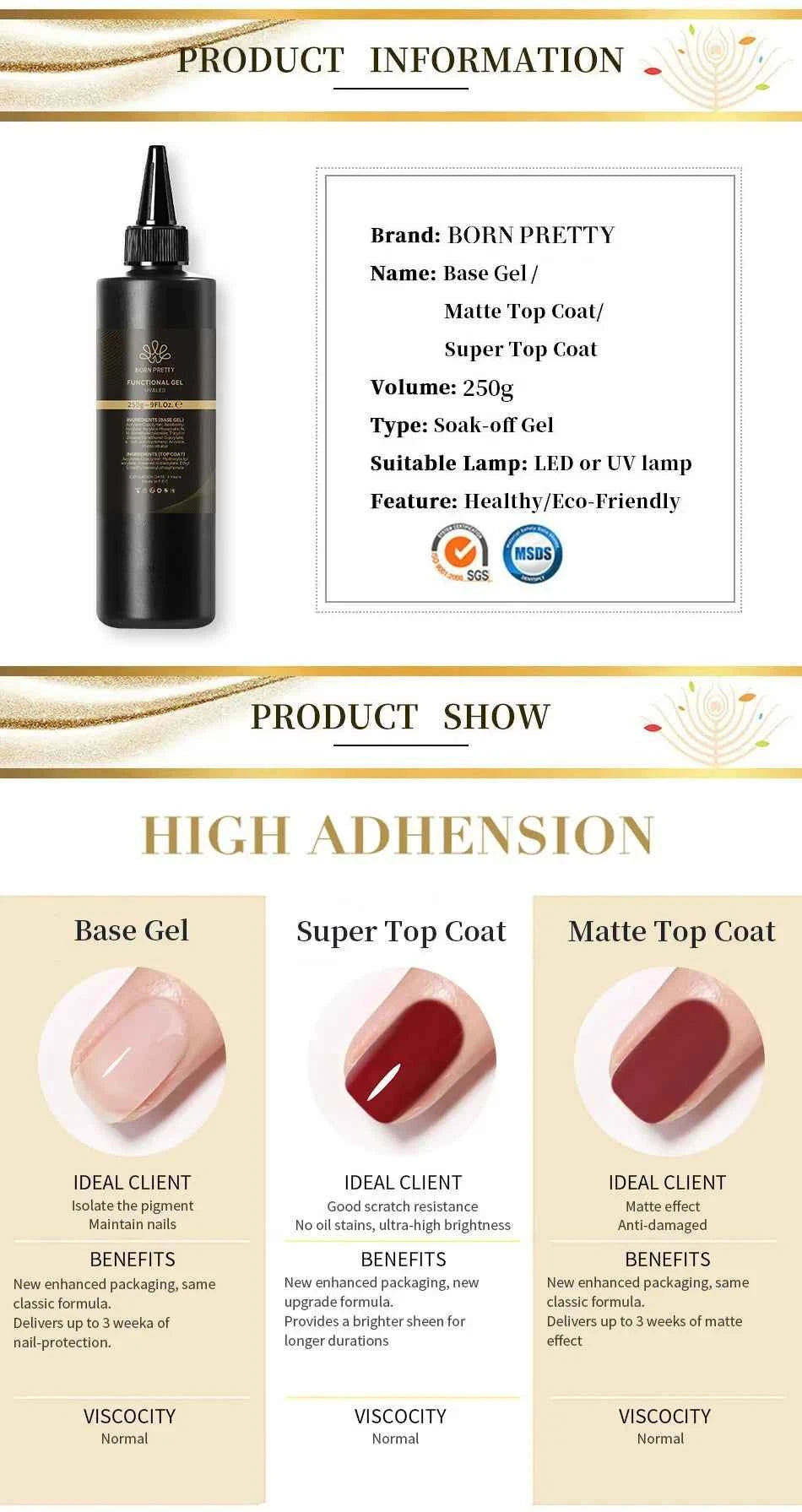 BORN PRETTY 250g Super Top Coat Professional Nail Art Soak Off Top Coat Long-lasting Anti-Stain Functional Gel Polish