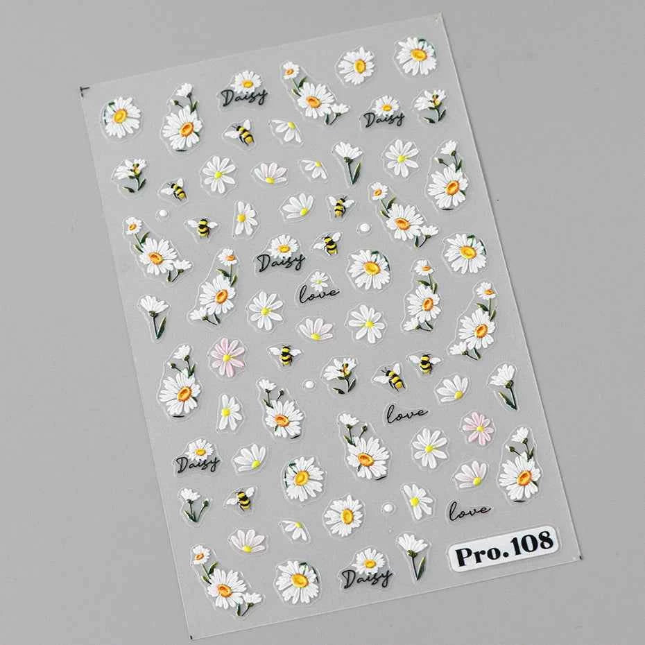 Daisy Dreams Nail Stickers - 5D White Flower & Bee Design, Self-Adhesive Acrylic Decals for DIY Manicure Magic