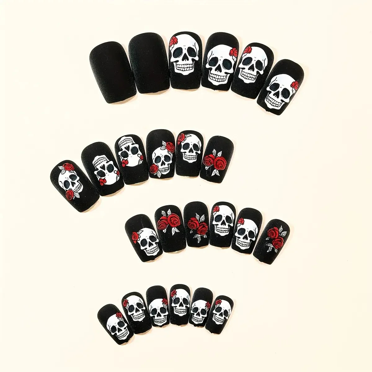 Black Magic Nails Halloween Press-On Set - 24 Pcs Black Matte with Rose Skull Design for Spooky Holiday Parties
