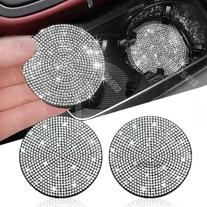 2Pcs Diamond Car Coaster Water Cup Slot Non-Slip Mat Bling Gadget Silica Pad Cup Holder Mat Auto Interior Decoration Accessories
