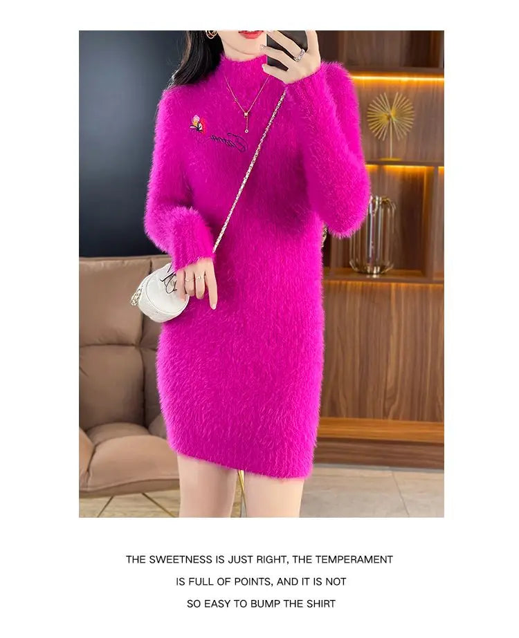 Imitation Mink Fleece Autumn Winter New Plush Slim Sweater Dress Solid Half High Neck Mid Length Embroidered Knit Bottom Dresses