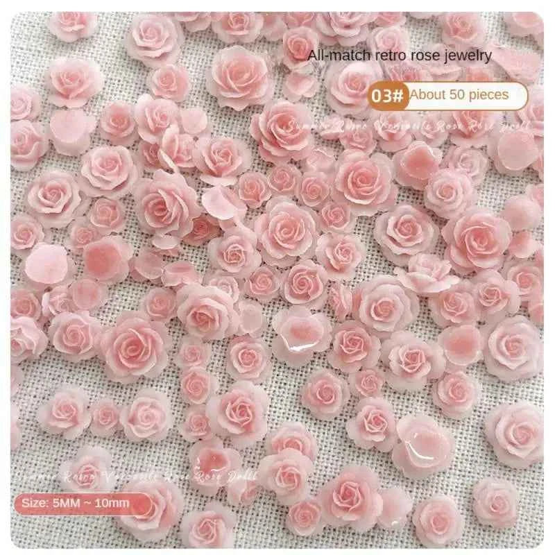 Rose Charm Nail Jewelry - Vintage Resin Camellia with Diamond Accents - Mixed Sizes for Stunning Nail Art