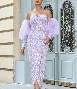 Vintage Chic Sequin Bishop Sleeve Off-Shoulder Slim Tube Dress