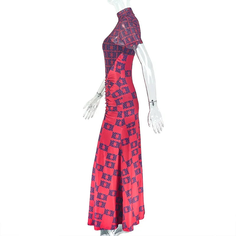 Women's Gauze Spliced Turtleneck Short Sleeve Pleated Waistband Irregular Long Dress, Hips Wrapped
