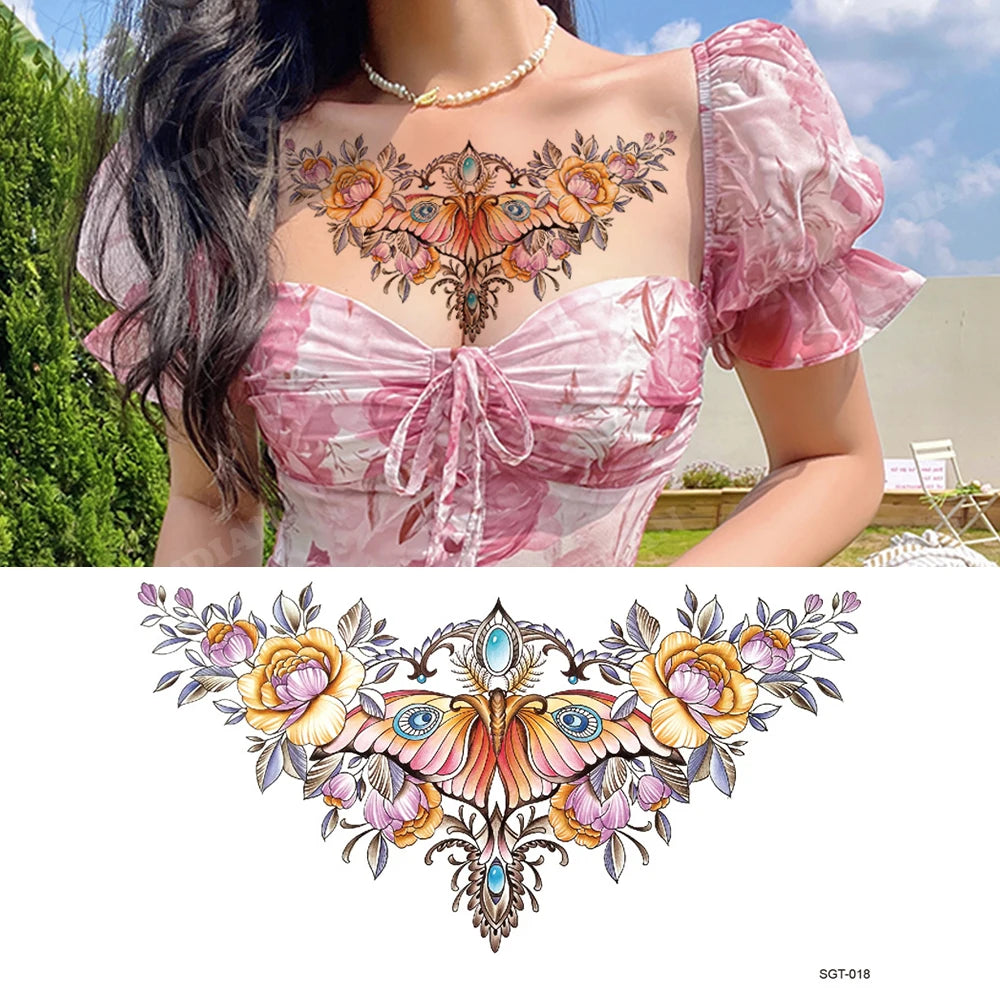 GlamInk Waterproof Flower & Butterfly Temporary Tattoos - Dazzling Chest & Waist Art for Confident Women