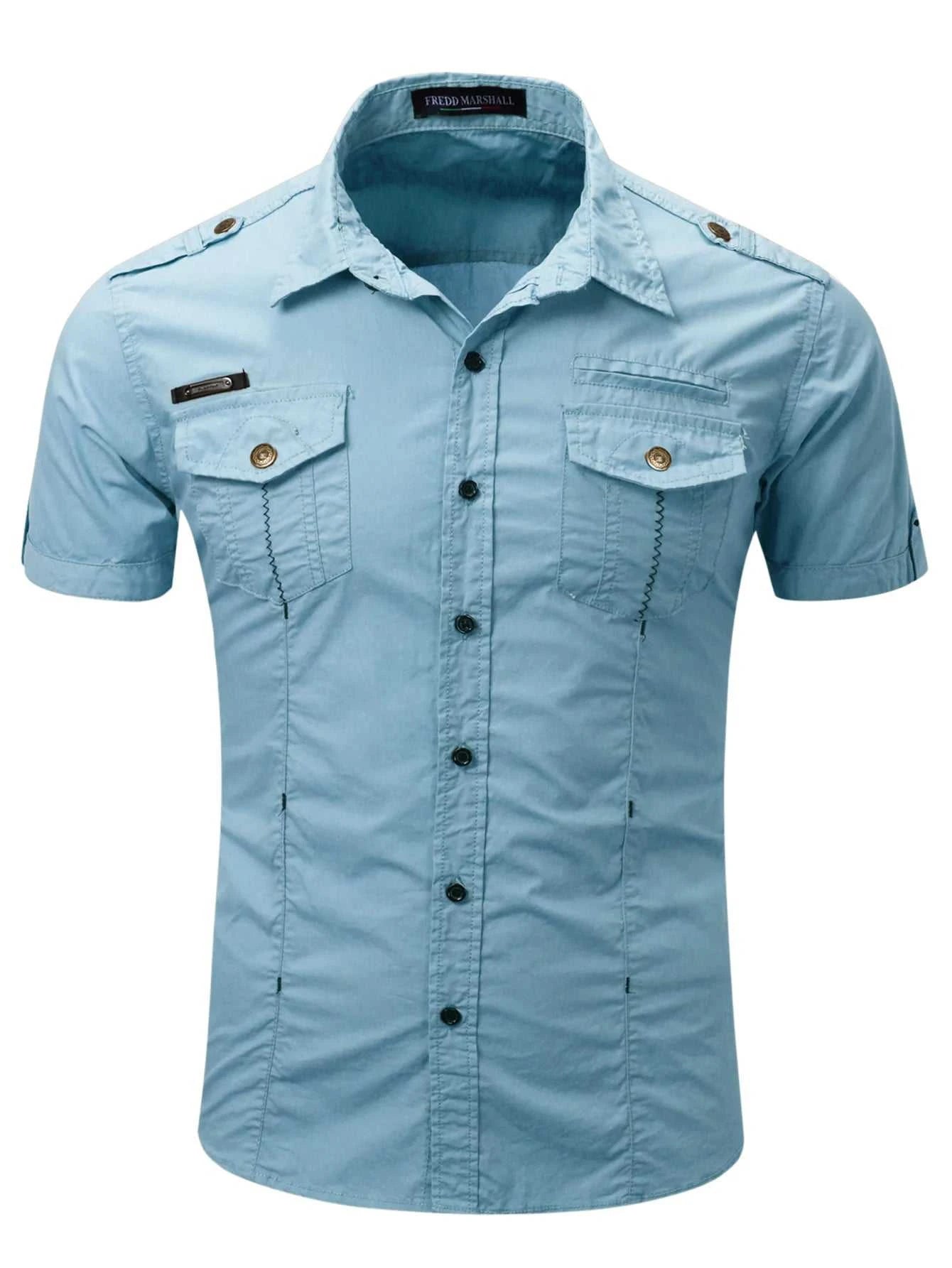 Fredd Marshall 2023 Summer New Men 100% Cotton Cargo Shirt Short Sleeve Casual Pocket Work Military Shirts Male Solid Color Tops The jack market .AU The jack market .AU Men Fashion $ 41 14:193;5:100014065
