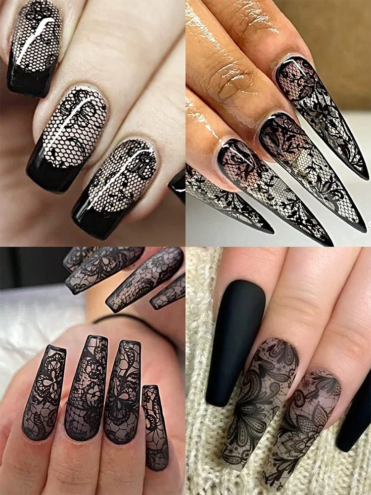 Black Floral Lace Nail Art Transfer Paper Set - 10 Sheets of Stunning Patterns for Creative Designs