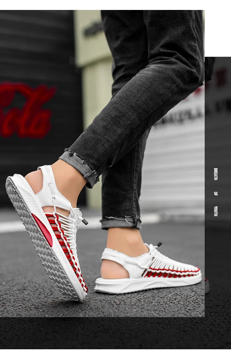 2023 Summer Men's  Sandals Lace Up Hand Woven Sandals Thick Soled Soft Non Slip Casual Shoes High Quality Couple Beach Shoes