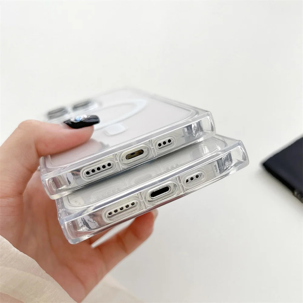 Luxury 2 in 1 Square Magnetic Wireless Charging Case for iPhone 16 Pro Max 12 13 Pro 14 15 16 Plus Transparent Clear Rugged Case