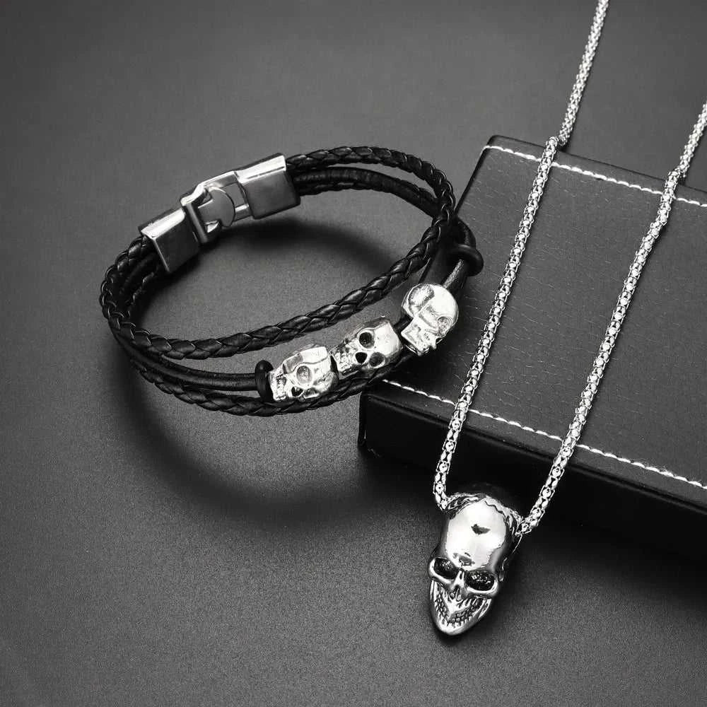Cool Skeleton Skull Leather Bracelet Men's Stainless Steel Punk Rock Gothic Charm Woven Multilayer Bracelet Men's Jewelry Gift The jack market .AU The jack market .AU Jewellery & Chains $ 47 200001034:5740#black
