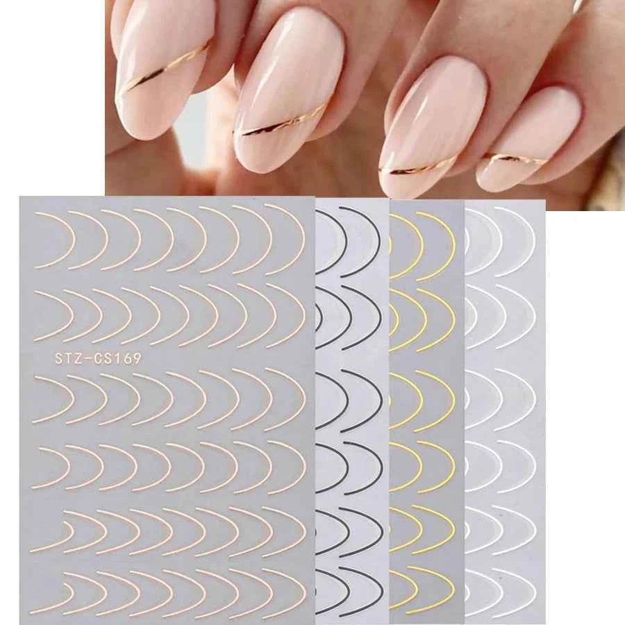 GlamNail Metallic French Line Stickers - 4 Pcs Easy Apply Nail Art Decals for Effortless Manicure Glam