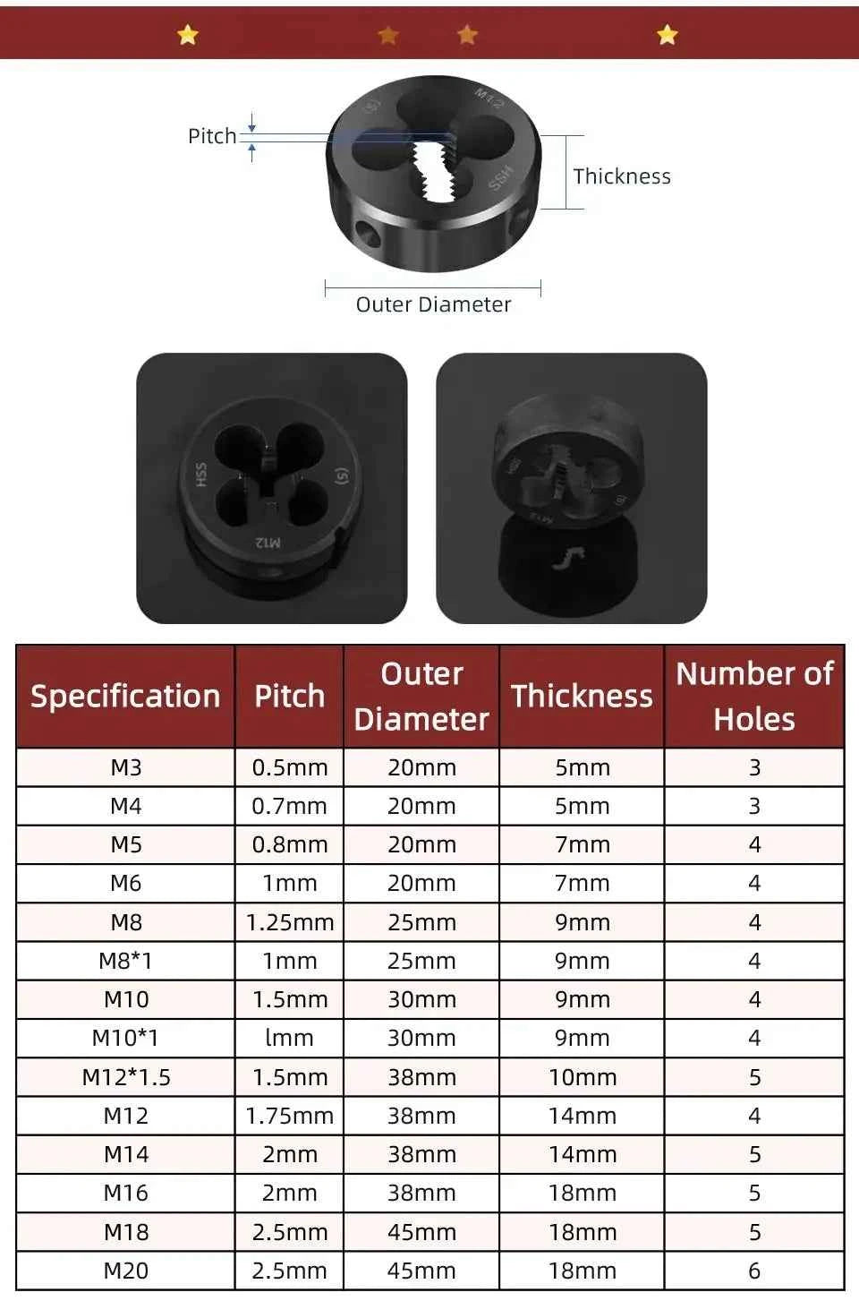 SIQICNC Round Dies ISO Right Hand Thread Tap HSS Tool M3-M20