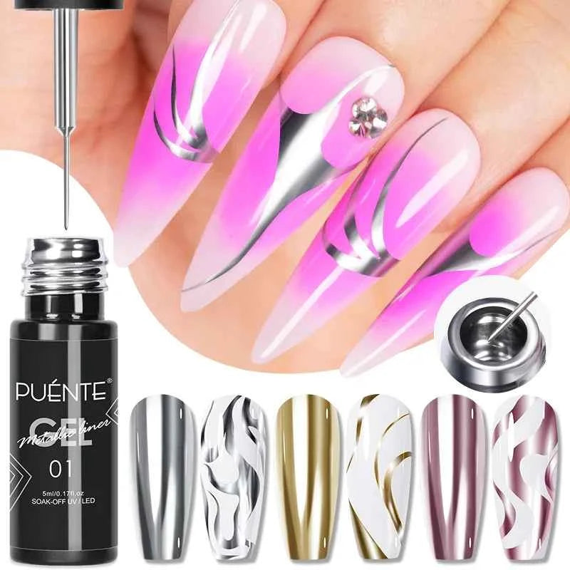 BrandName Chrome Mirror Effect Gel Polish - 5ml Golden Silvery Metallic Liner for Stunning French Nail Art