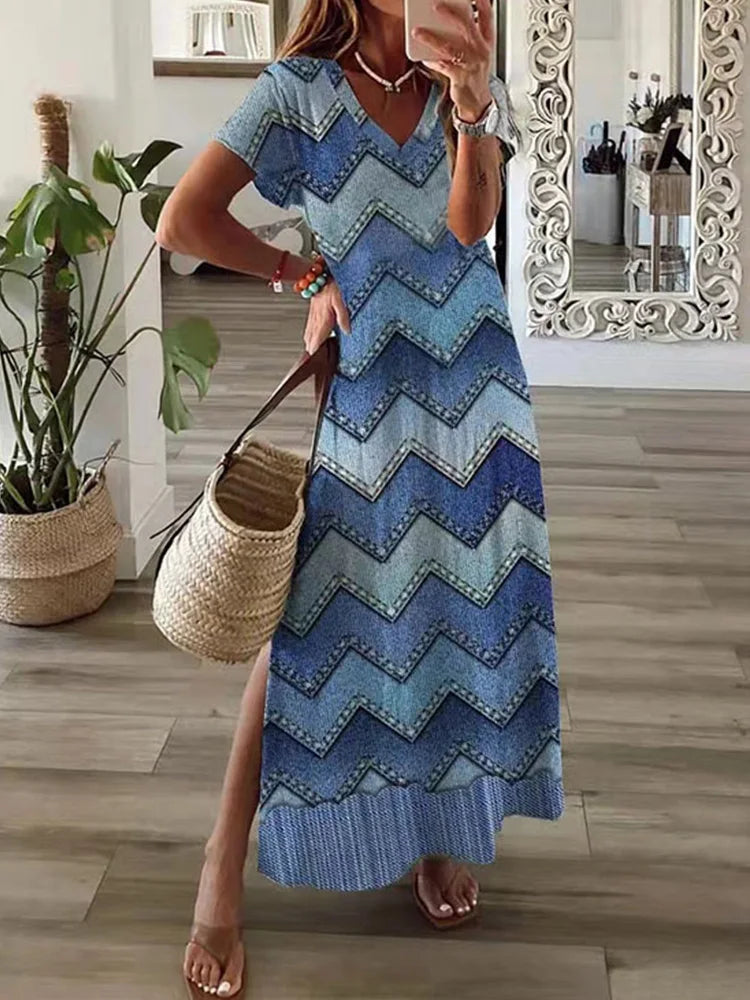 Chic T-Shirt Style Printed Maxi Dress Women Round Neck Short Sleeved Dresses Summer Casual Vacation Vestidos