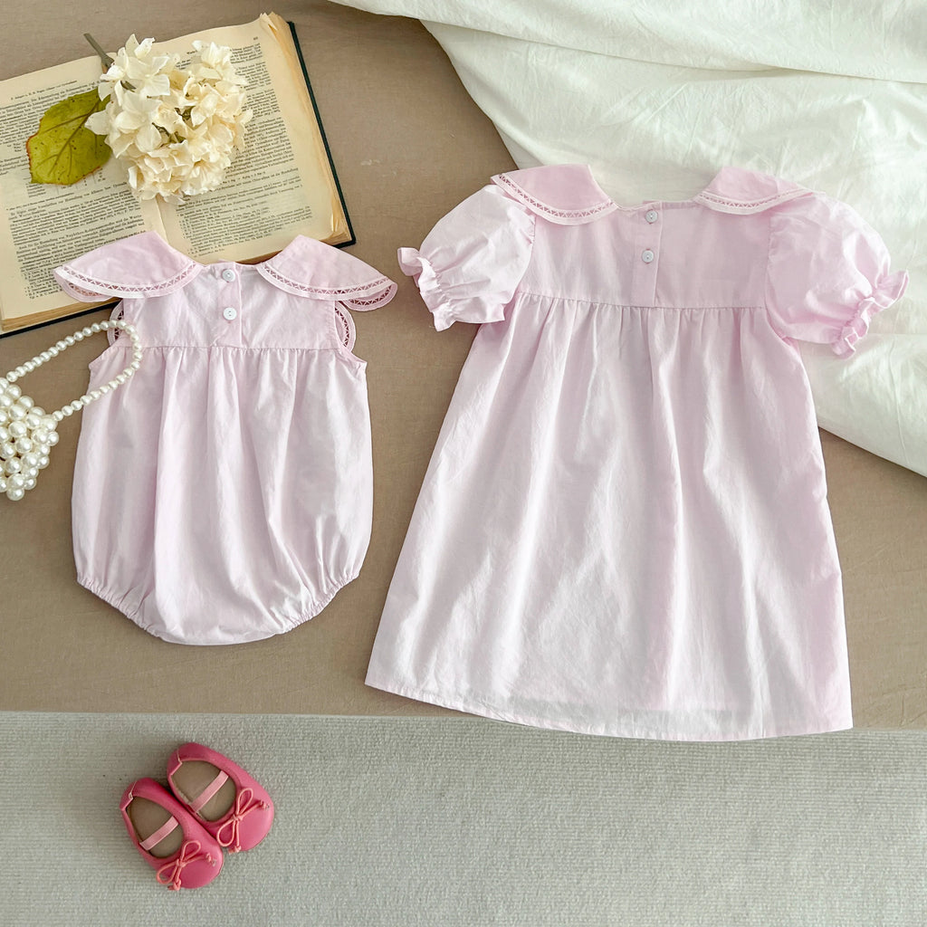 Sisters Dress Summer Kids Princess Dresses Short Sleeved Cotton Solid Color Splicing Infant Baby Romper Baby Girl Party Dress