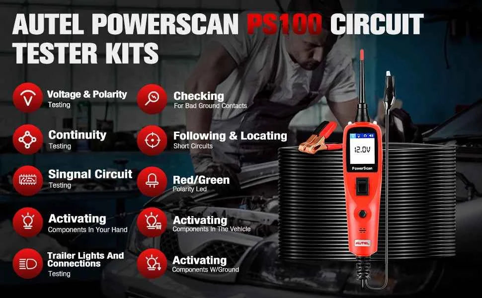 Autel PowerScan PS100 Automotive Circuit Tester, Universal 12V 24V Automotive Power Circuit Probe Kit with 20ft Extension Cable