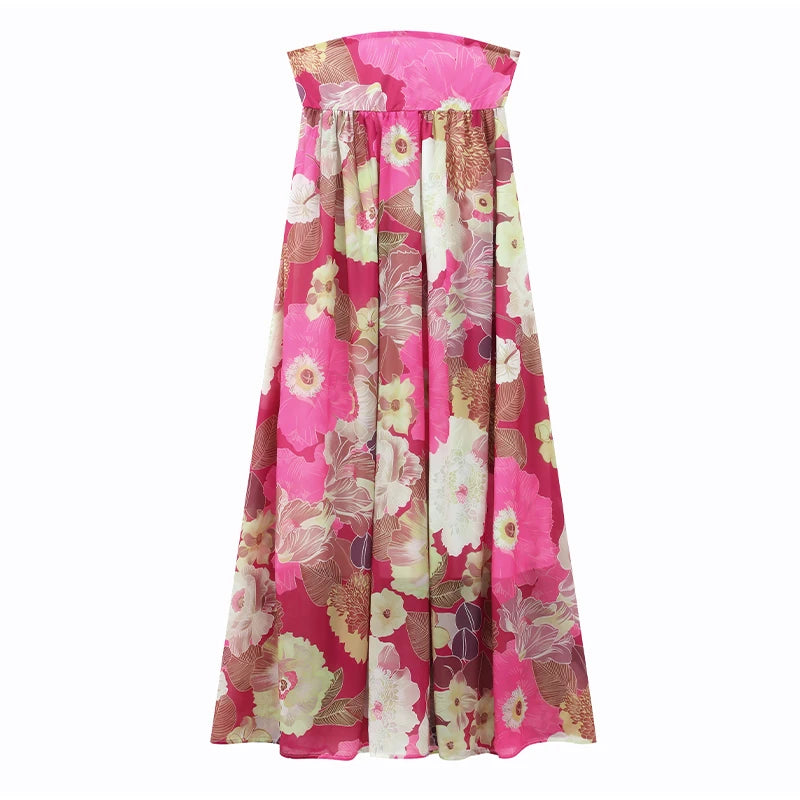 Chic Floral Print Pleated Long Dress Women's Sexy Strapless Backless Loose Party Vestidos 2025 Summer Lady High Street Robes New