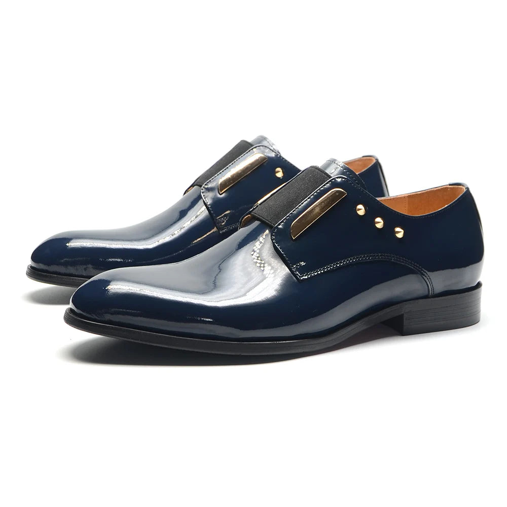 Luxury Men's Party Evening Dress Shoes 2024 Natural Cowhide Patent Leather Gold Rivets Suits Loafers Elastic Band Slip-on Derby