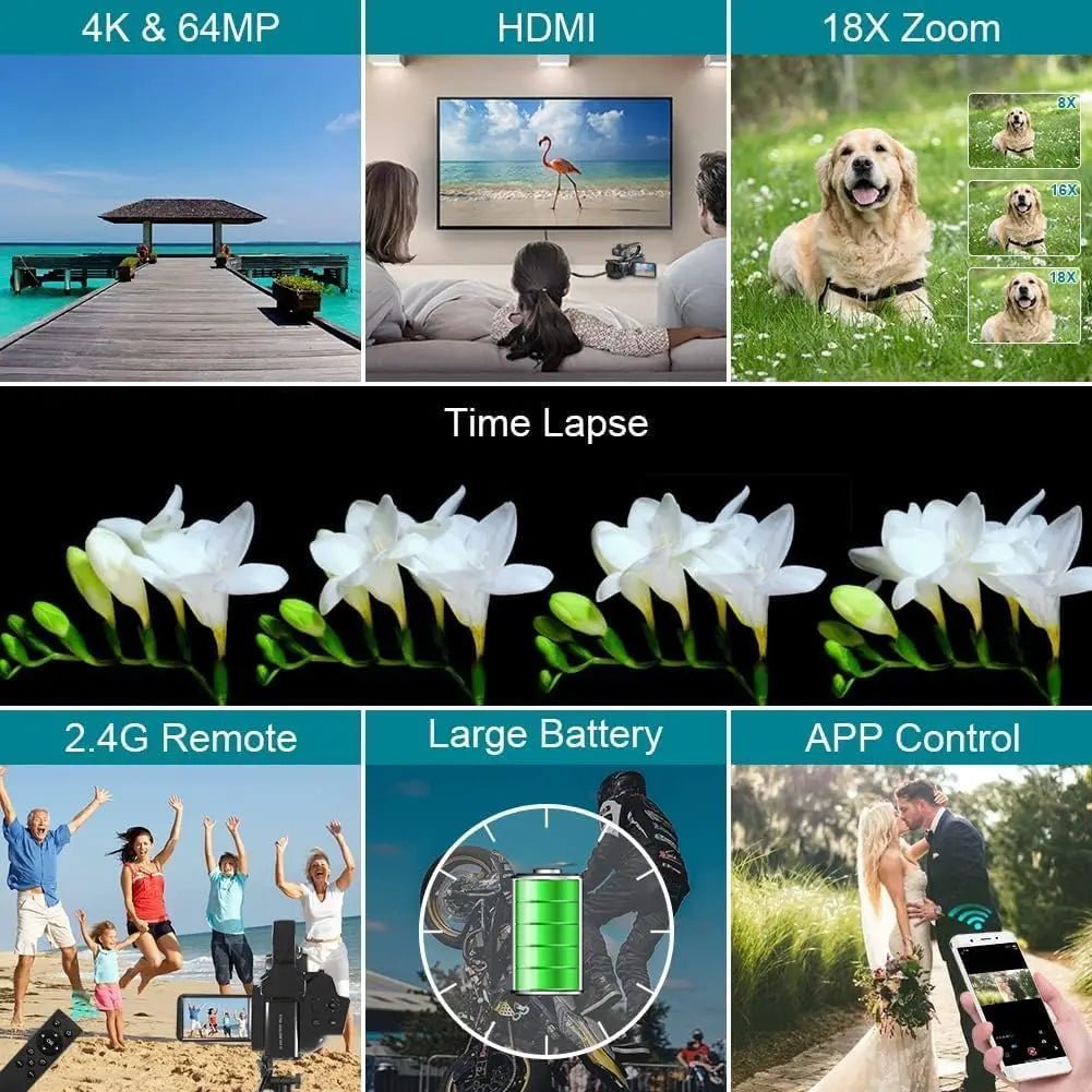 4K Professional Video Cameras for Photography 64MP Ultra HD 18X Digital Zoom Camcorders YouTube Live Streaming Vlog Recorder