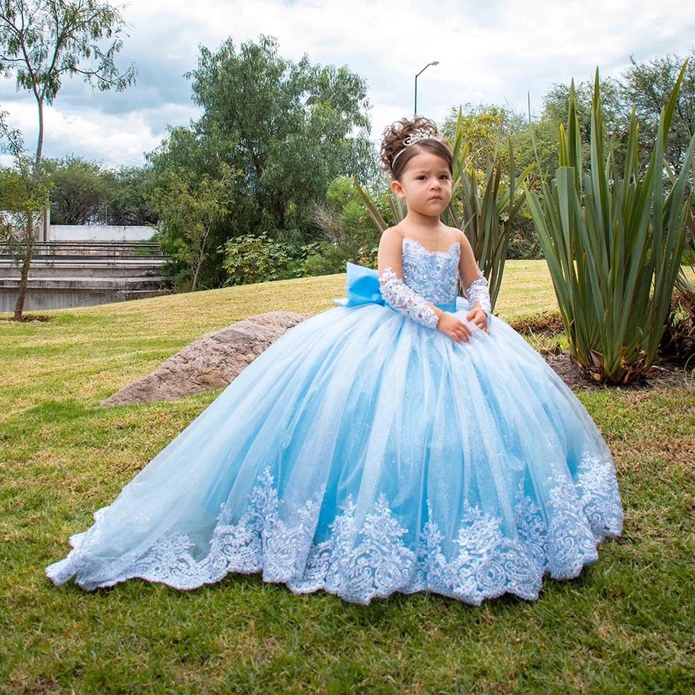 Elegant White Lace Wedding Party Dresses for Girls Full Sleeves Princess Flower Girl Dress With Bow Custom Kids Birthday Gowns