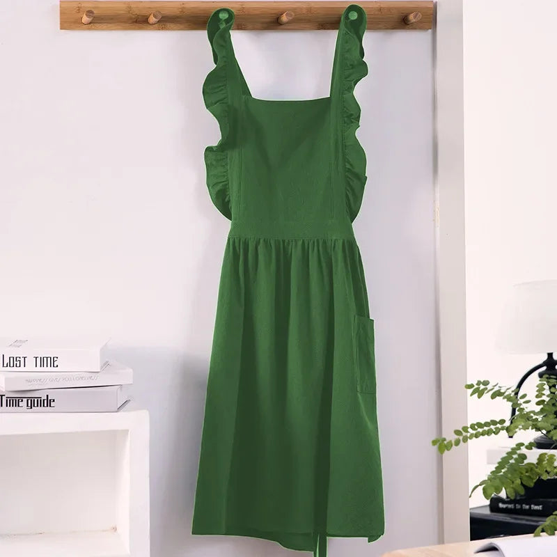 Cross Back Apron Kitchen Apron Ruffled with Pockets for Chef Gardening Pink Work Women with Big Pinafore Dress Cooking Baking
