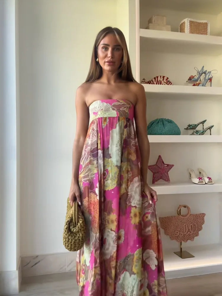 Chic Floral Print Pleated Long Dress Women's Sexy Strapless Backless Loose Party Vestidos 2025 Summer Lady High Street Robes New