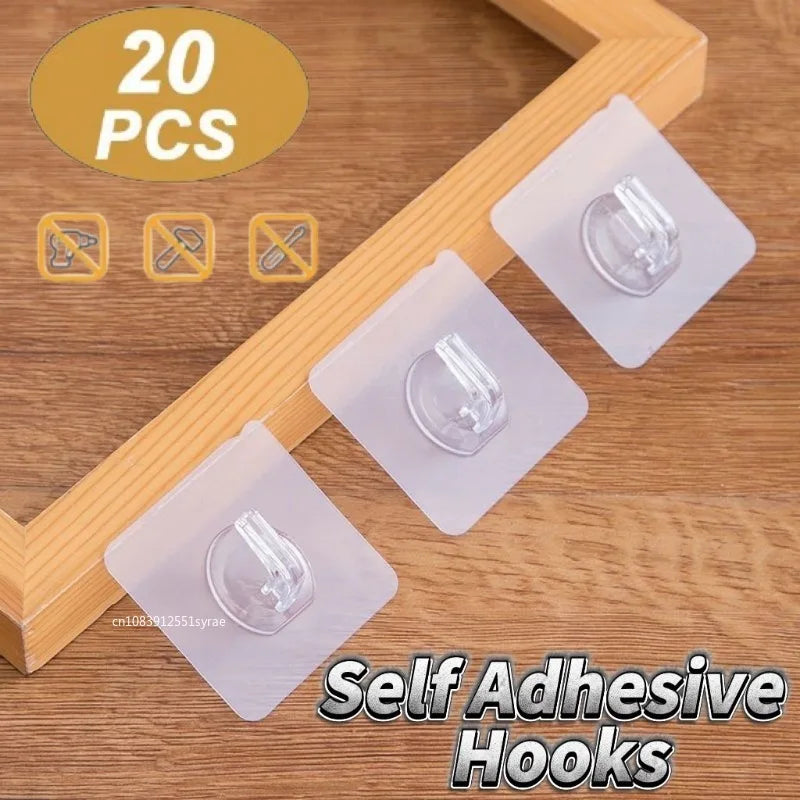 1-20pcs Transparent Self Adhesive Hooks Door Wall Mounted Hanger Hook Suction Heavy Load Rack Kitchen Bathroom Organizer Holder